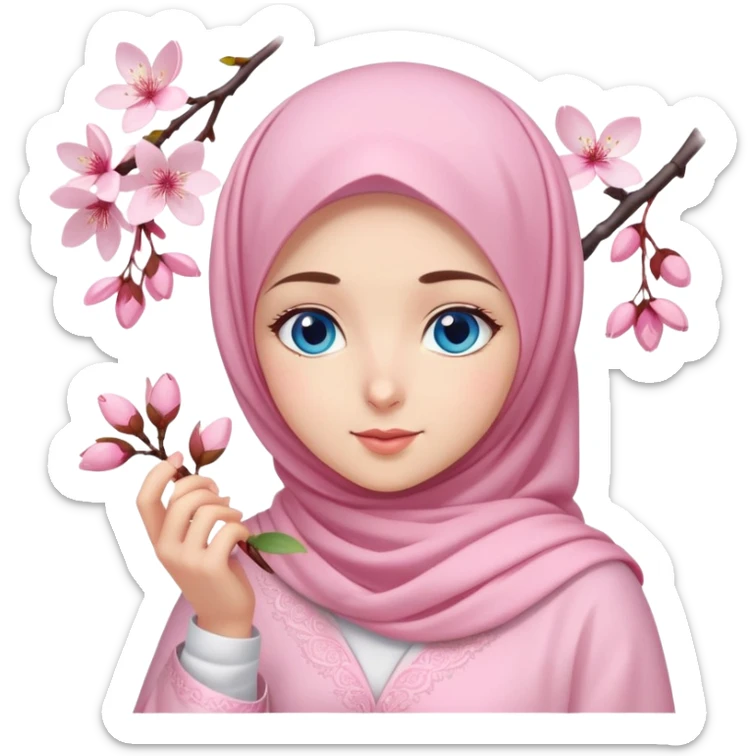 Turkish beautiful finish Konya girl blue eyes with light pink hijab islamic dress and had on her hand cherry blossom sticker