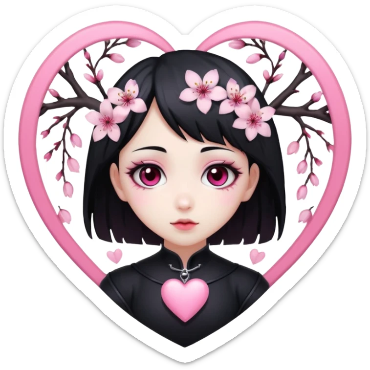 goth sakura heart, white heart with pink cherry blossom petals, cute and dramatic sticker
