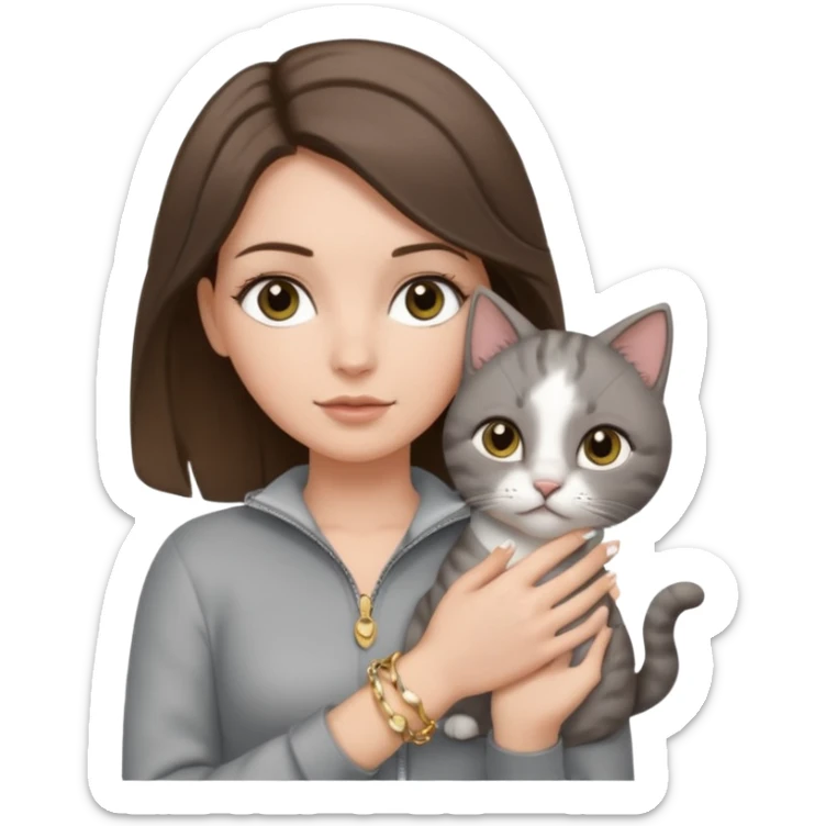 a white girl with brunette hair in brain that is over her shoulder. shes holding a grey cat. the girl has long lashes and has on a grey zip up that is half way zipped  and under a white shirt and gold jewelry that is gold bracelets. sticker