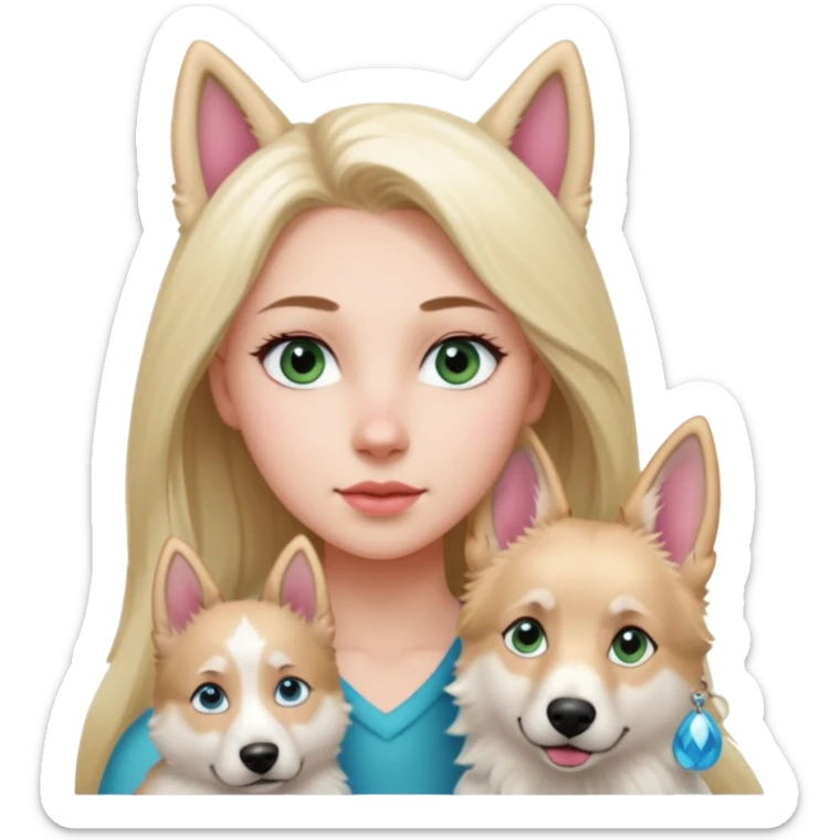 White European young woman with blue-green eyes and long blond hair with her white German Shepherd dog,the Dog hast a pink nose and short fur  ans Brown eyes sticker