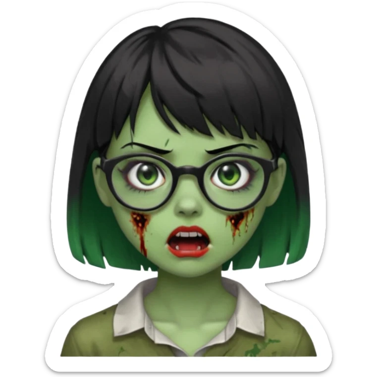 faça uma menina zumbi,da cor verde,com o cabelo curto preto até o pescoço,franja,óculos pretos,olhos escuros,boca meio aberta e alguns machucados pelo rosto sticker