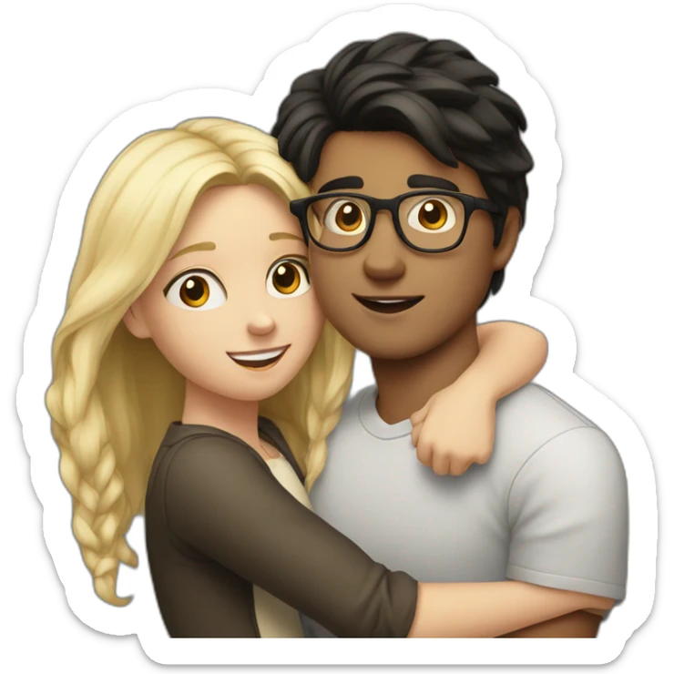 boy with dark hair and glasses hugs a blonde girl sticker