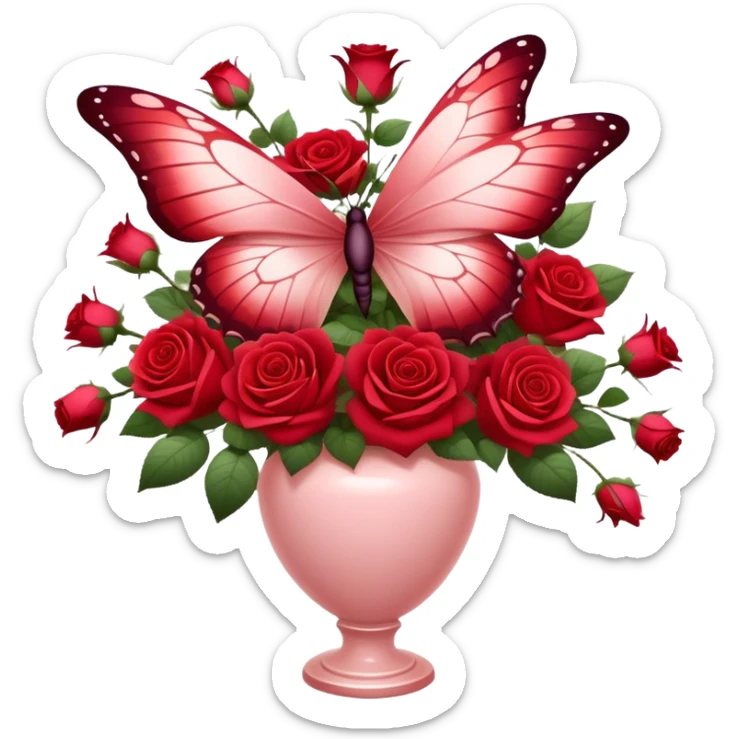 Ethereal butterfly with Crimson and Burgundy wings resting on a Scarlet bouquet of Roses in a Soft Blush color vase, surrounded by a dreamy red-hued ambiance. sticker