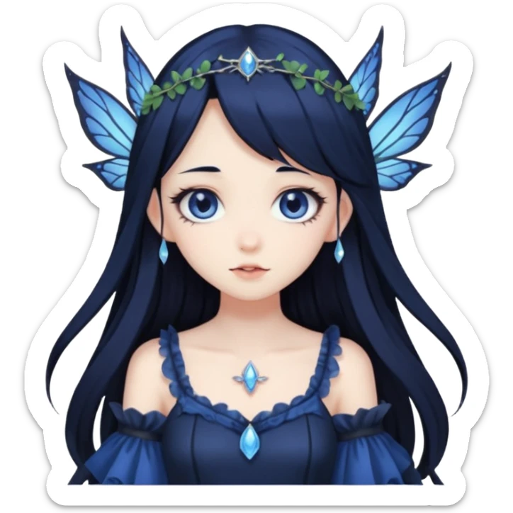 Gothic anime fairy with long beautiful black hair and dark blue dress, pastelcore, sticker