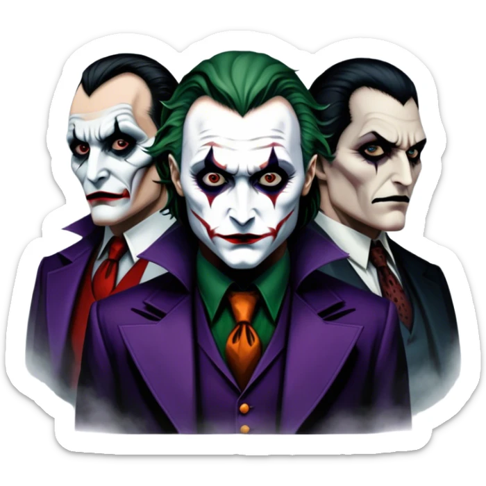 Thriller Movie Icon: A dark, intense collage with close-up images of iconic thriller characters like 1 Joker, 1 Hannibal Lecter, and 1 Vlad Dracula. The background features a moody Gotham City skyline, with shadowy figures and fog. Atmospheric, suspenseful tone. Transparent background. sticker