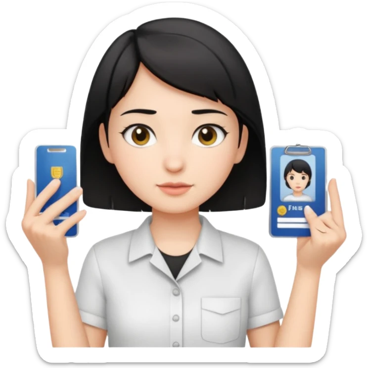 A young guide with short black hair and fair skin is wearing a white shirt, showcasing her license with both hands, which is horizontal. sticker