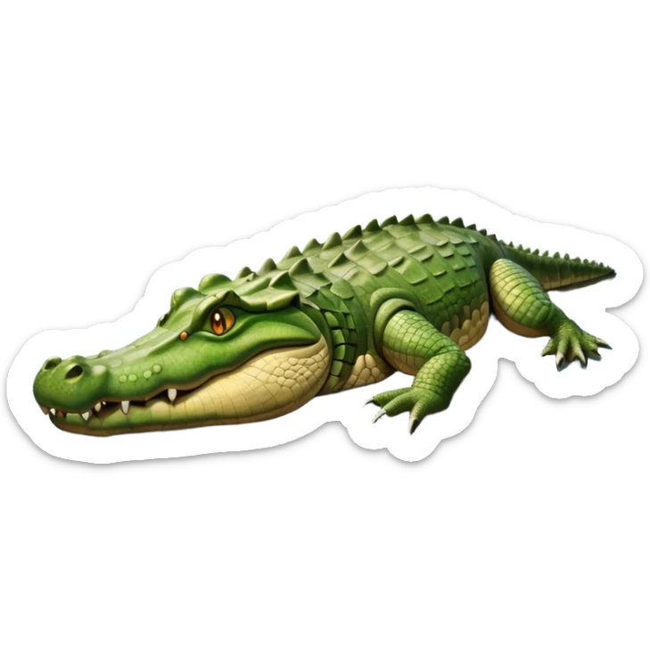 A large crocodile resting on a riverbank, part of its body in water, realistic scales and reflections, natural sunlight. sticker
