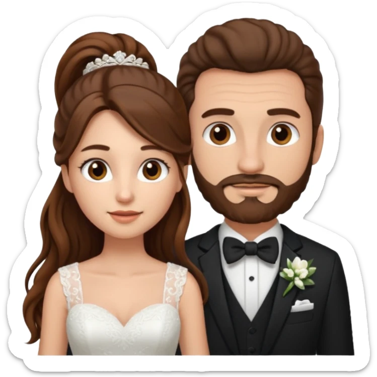 wedding couple woman with long straight brown hair and eyes man with long brown curly hair in pony tail and facial hair sticker