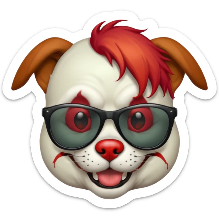 Zombie dog with sun glasses and red hair and joker nose sticker