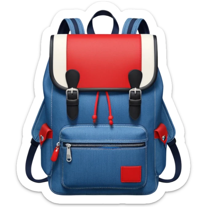 Minimalist emoji-style icon of a stylish blue denim backpack with a flap top, two vertical black buckle straps, a large red-white-navy horizontal block in the center, and two zipper side pockets. Inspired by Tommy Jeans design. Front view, cartoon-like, clean design.

 sticker