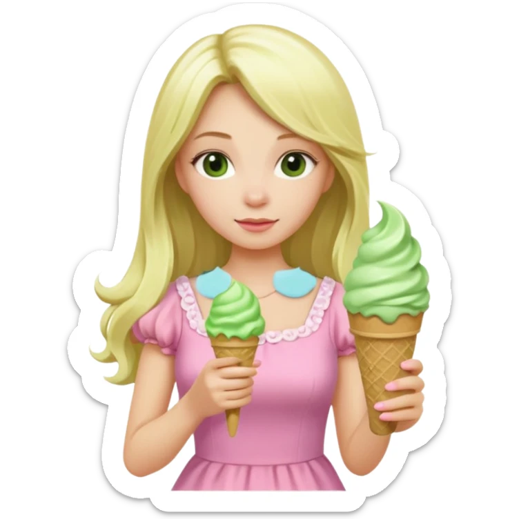 girl blonde long hair in pink dress,  holding matcha ice cream sticker