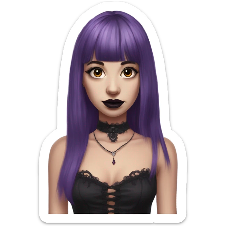 one single alt portrait women, purple hair, kinda long hair, short bangs, dark makeup, dark pink lips, gothic detailed slip dress, white skin  sticker