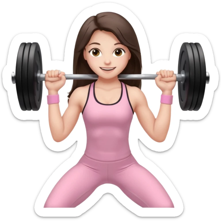 white happy brunette teen long hair with hazel eyes in light pink workout clothes holding a barbell bending over sticker