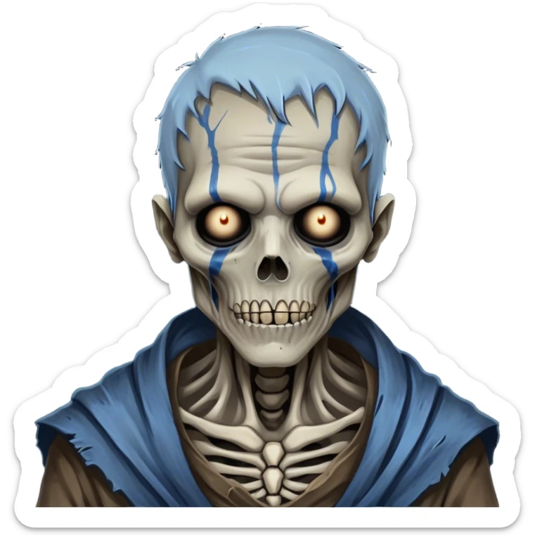 Cinematic Realistic WoW undead civilian Portrait, depicted with decayed yet noble features, his weathered, pallid skin etched with ghostly blue veins and ancient scars. Clad in modest, tattered attire in muted browns and greys that remain consistently rugged, his hollow eyes burn with determined defiance. Rendered with lifelike texture and dramatic natural lighting, high shine, noble and resilient, capturing the stoic spirit of an undead veteran of Azeroth. sticker