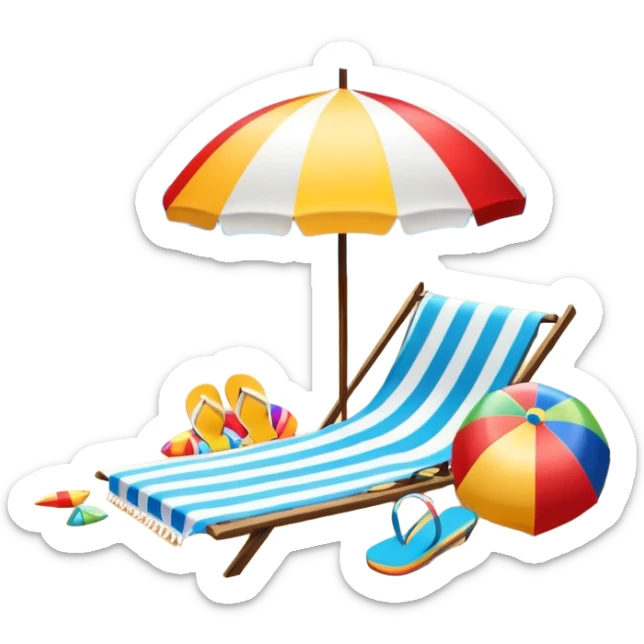 Icon for Beach Tourism: a sandy beach with a beach umbrella, with the ocean landscape in the background, flip-flops, a towel and a beach ball. The icon should capture the relaxation and fun of beach vacations. Transparent background. sticker