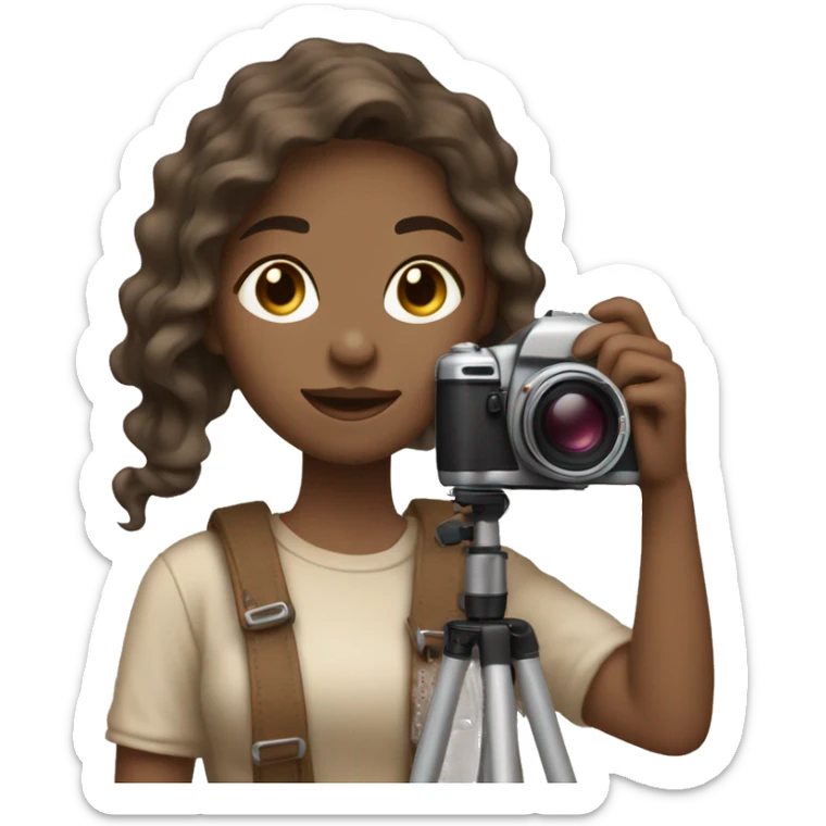 An aesthetic girl photographer holding a camera (in beige, neutral tones) light skin tone, mid hair length with brown waves  sticker