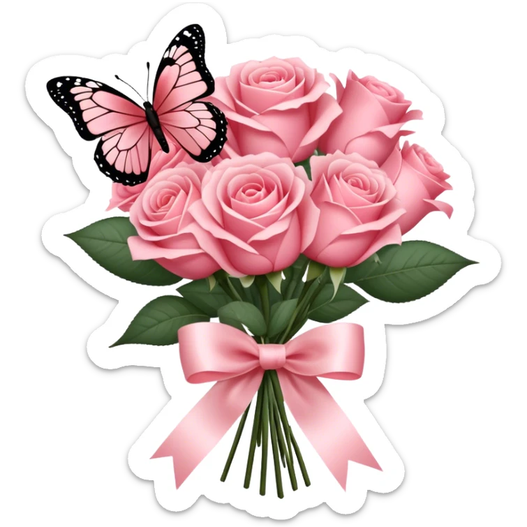 "A bouquet of Blush Red roses tied with a flowing Rose Quartz silk ribbon, exuding soft elegance. A delicate Carnation Pink butterfly rests gently on the petals, adding a whimsical touch." sticker