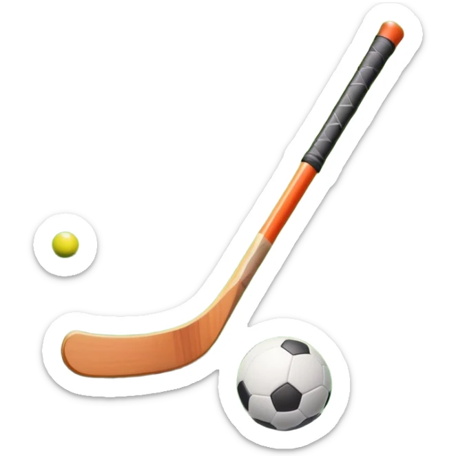 A field hockey stick and ball positioned on a vibrant green grass field, with the goalposts and clear field markings in the background. The scene highlights the lush, well-maintained turf, emphasizing the speed and precision of the sport in an energizing outdoor setting. sticker