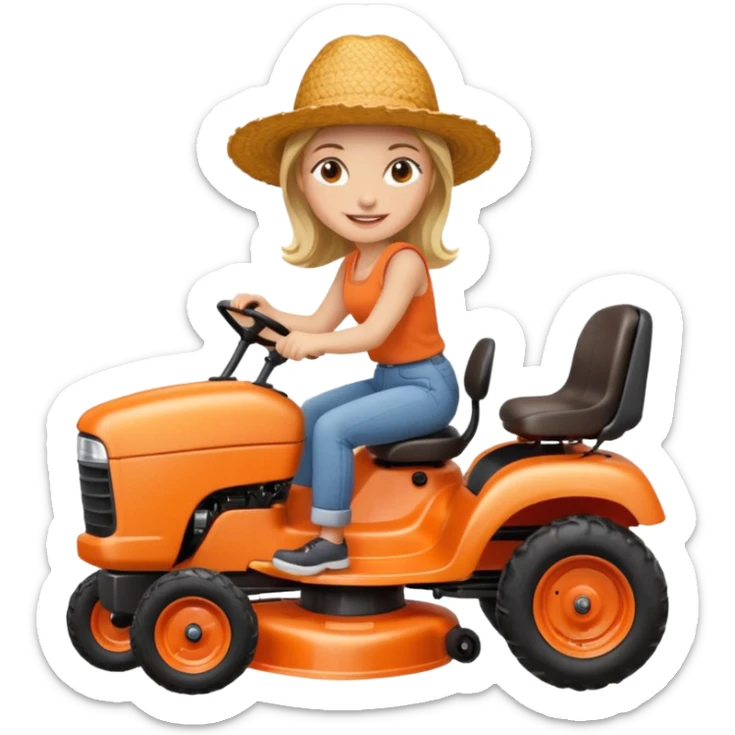 White woman without glasses wearing a straw hat, on old orange ride on lawn mower.  sticker