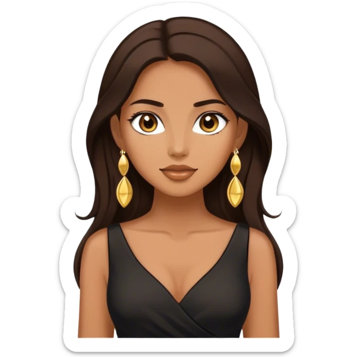 Beautiful woman,cute, long dark brown hair in dark dress with gold earrings sticker