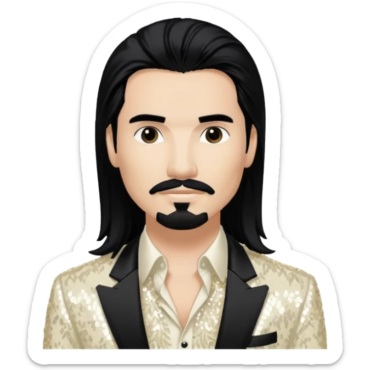 Kevin Richardson from Backstreet Boys with long black hair, ivory sequin outfit sticker