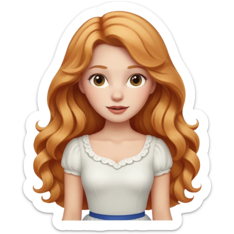 white woman  with strawberry blonde super long wavy hair, white skirt, blushed cheeks sticker