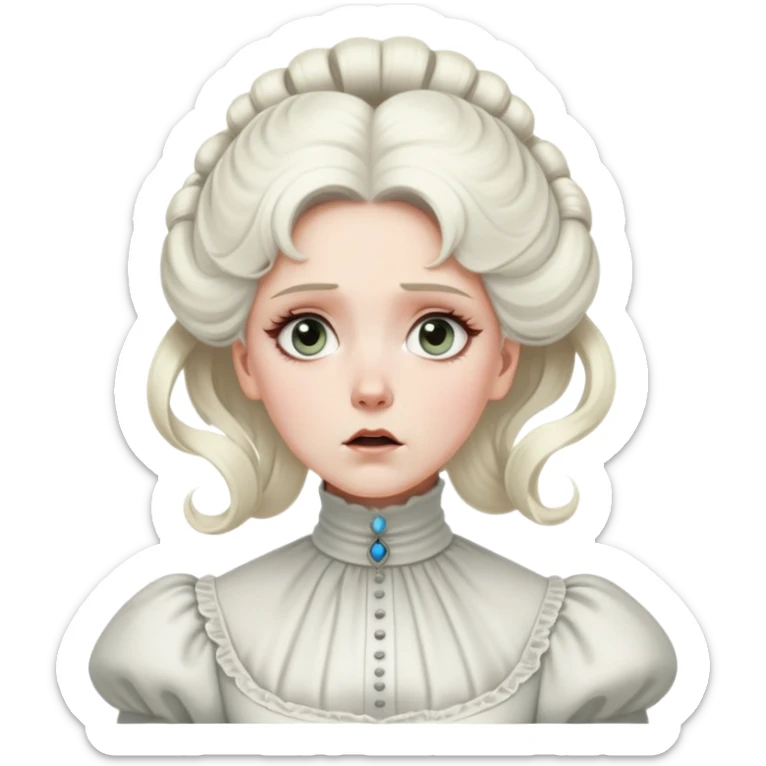 Awestruck Victorian-era white woman with white coiffed hair, light eyes, wearing a simple turtleneck Victorian gown, with a dropped jaw in shock sticker