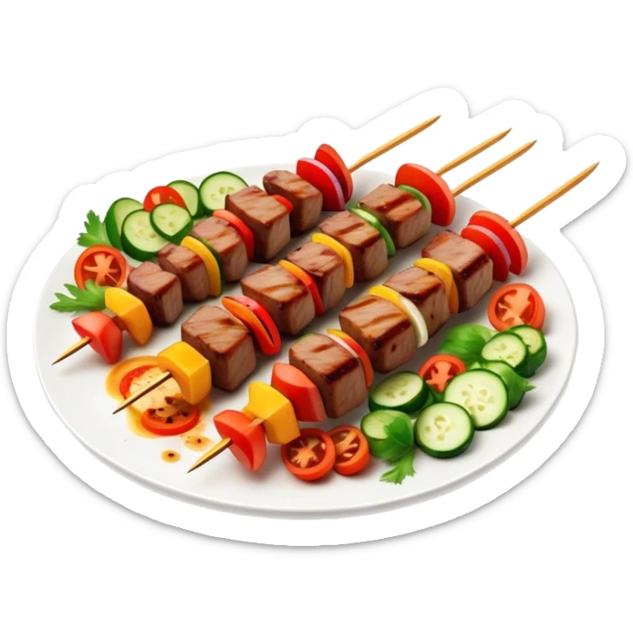 Cinematic Realistic Shish Kebab Dish Emoji, showcasing skewered, grilled meat with vibrant vegetables rendered with dynamic textures and warm, inviting lighting. sticker