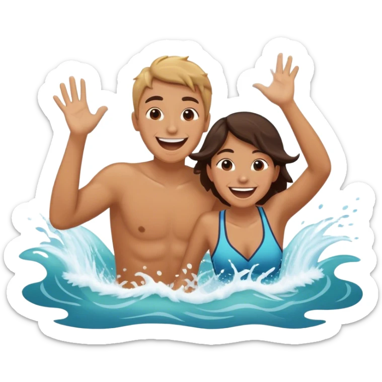 A person splashing water at their friend in the ocean, both laughing as the waves roll around them. The sun shines warmly above, capturing the joy of creating fun, embracing connection, and appreciating the moment with someone who makes life feel lighter.  sticker