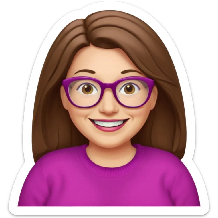50 yr Caucasian woman, long brown hair parted on side, brown eyes, glasses, big smile, white teeth, fuscia sweater, chubby sticker