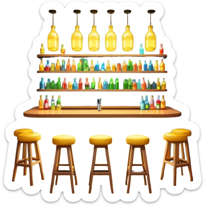 A 3D cartoon bar counter with tall stools, hanging yellow lights, and shelves filled with colorful bottles in the background. Smooth textures, warm ambient lighting, realistic reflections, dark background, Memoji-style design. sticker