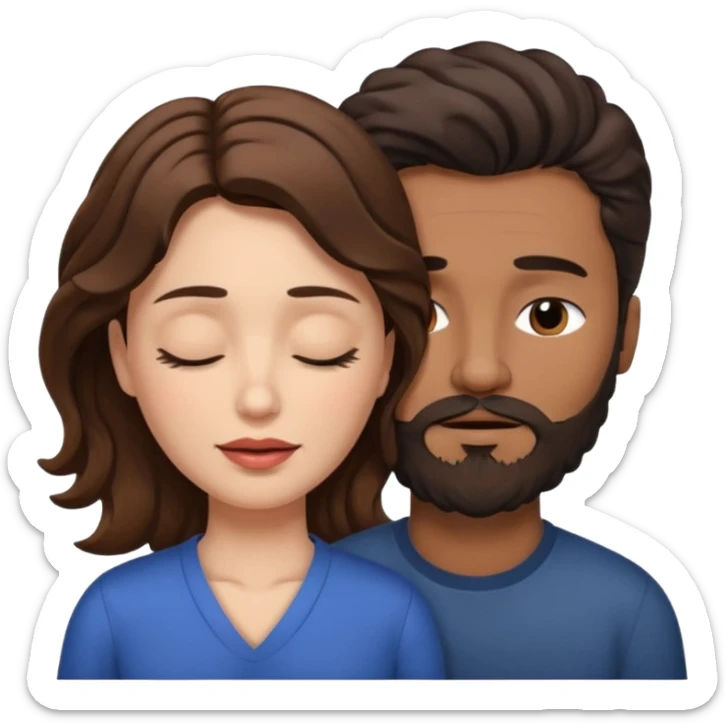 White woman (brown hair with eyes closed) and brown man with black wavy hair (has a a beard with his eyes closed too). The woman has her lips on the forehead of the man. sticker