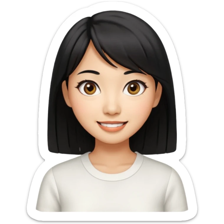 30 yr old asian woman center parted hair big eyes big smile tanned skin straight black hair hippie part hair white blouse shoulder length hair middle parted hair few short bangs at front trendy hair sticker