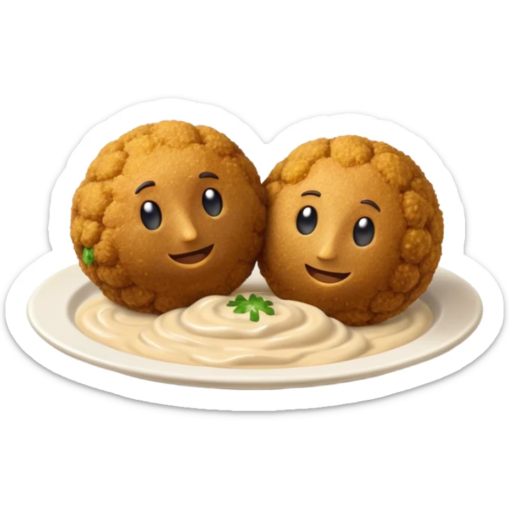Cinematic Realistic Falafel Dish Emoji, depicted as crispy, golden falafel balls served with tahini sauce rendered with lifelike textures and vibrant, appetizing lighting. sticker