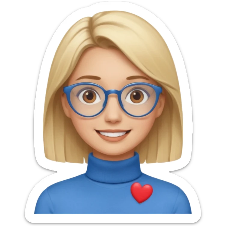 Asthectic pretty Blonde women brown eyes, blue glasses, wearing a brown polo neck shirt and smiling with hearts around her. sticker
