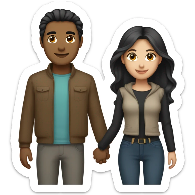 a couple holding hands. the guy has black middle part hair and is Persian and Filipino mix, wearing a jacket. the girl has brown hair white and asian mix, wearing a crop top. sticker