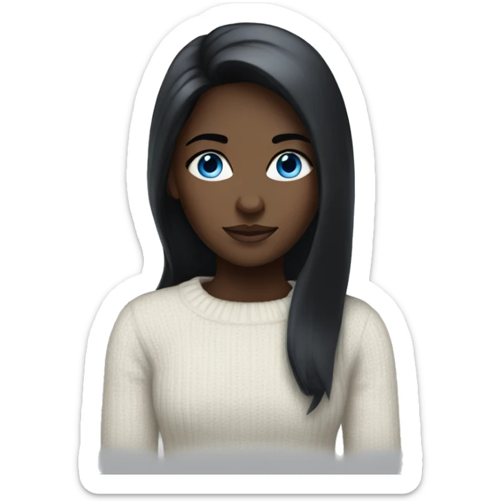 the girl is dark-skinned with long black straight hair with blue eyes in a white sweater sticker