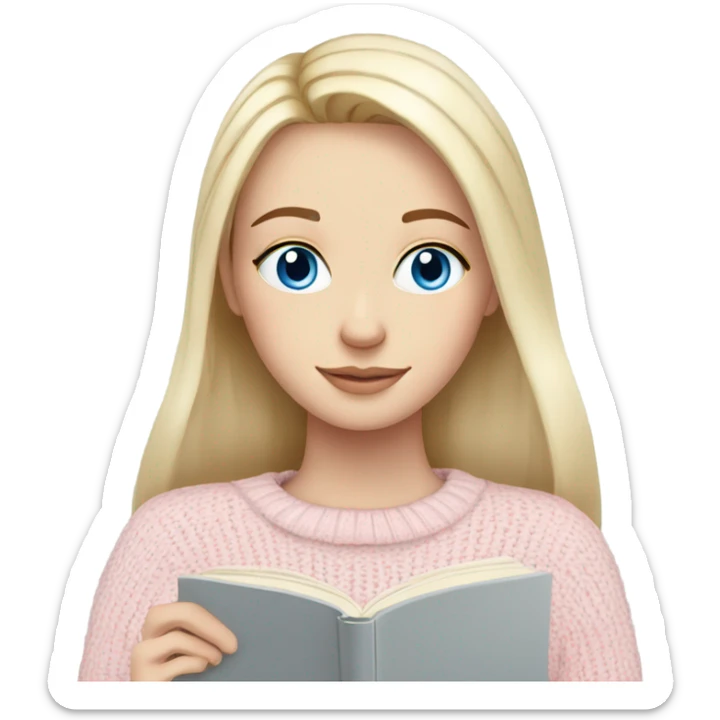 Pretty blue eyed white girl with light pink sweater reading cozy sticker