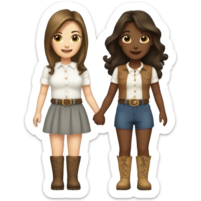 two brunette sisters both white, one with long hair, one with short hair. They are holding hands in cute mini dresses and cowboy boots sticker