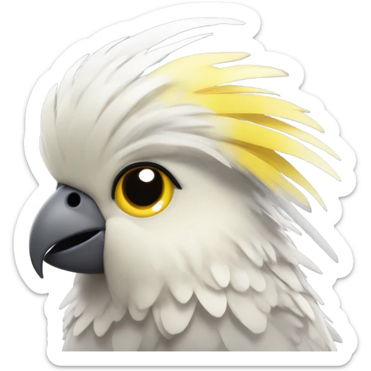 A cockatiel’s head with a yellow and gray , depicted as a girl in a cute, toy-like manner, smiling sweetly. sticker