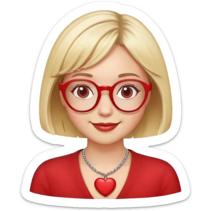 white girl head with short blonde bob hair, red round glasses, heart necklace, smiling sticker