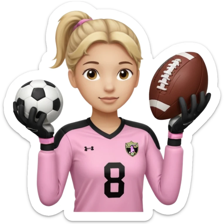 Make a dirty blonde football goalkeeper with goalkeeper gloves on holding a regular  The girl is light skinned and wearing a light pink football. Wearing a ponytail with the dirty blonde. Make it without the whole body. With full sleeves. WITHOUT A RUGBY BALL JUST REGULAR BLACK AND WHITE BALL sticker