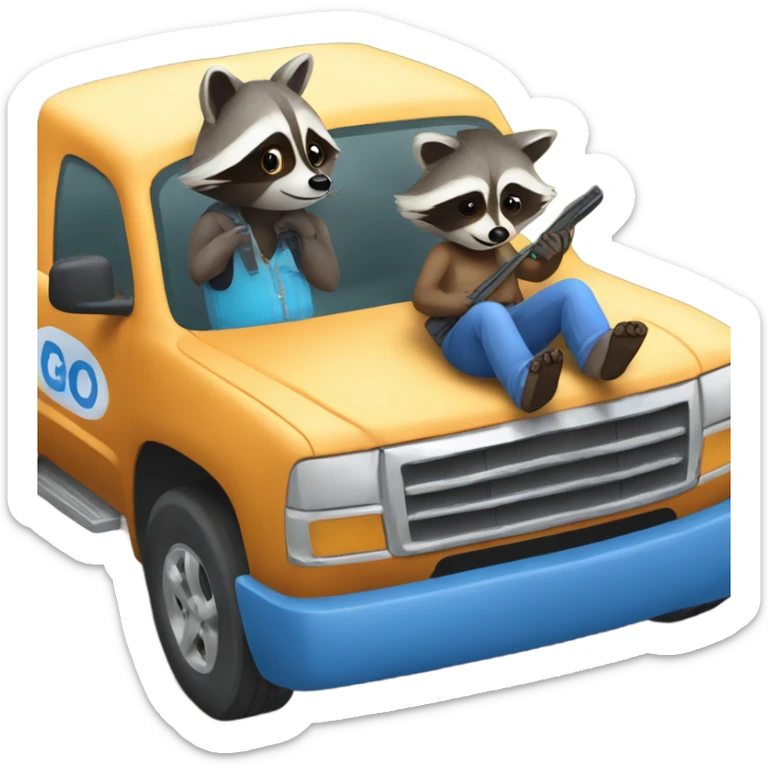 Raccoon driving blue pickup truck with girlfriend raccoon  sticker