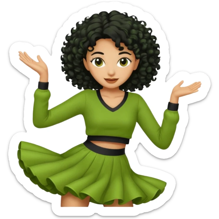 a woman with olive skin tone and curly black hair wearing green and dancing sticker