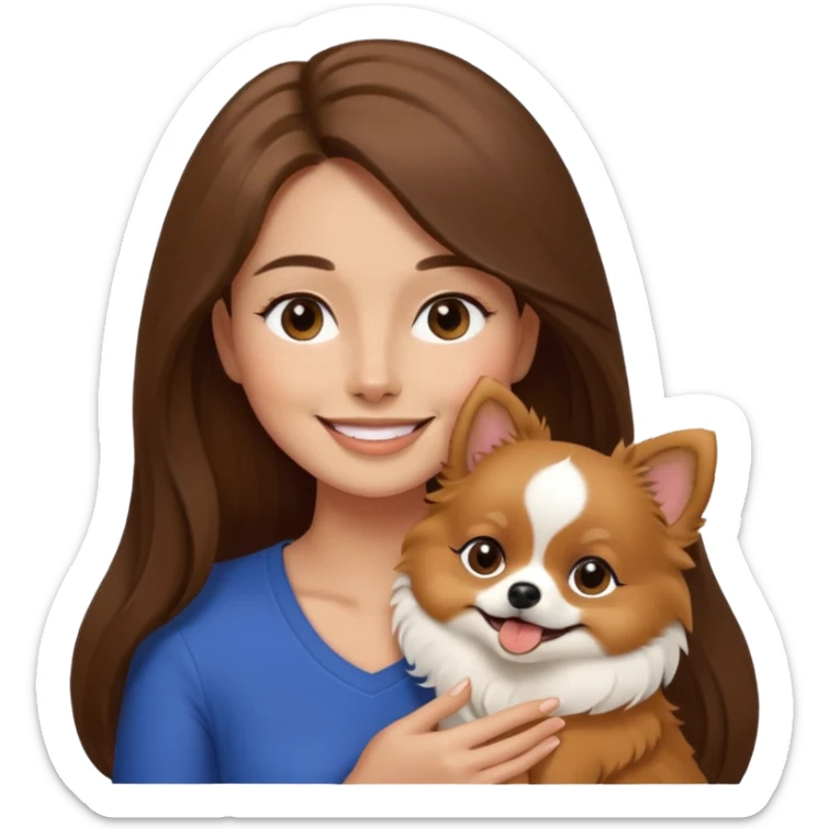 Create a high-quality emoji illustration of a woman with long brown hair, smiling, holding a small Pomeranian dog. The dog’s face is mostly black with a white line centered from the nose to the mouth. Minimalist emoji style, smooth lines, bright but natural colors.” sticker