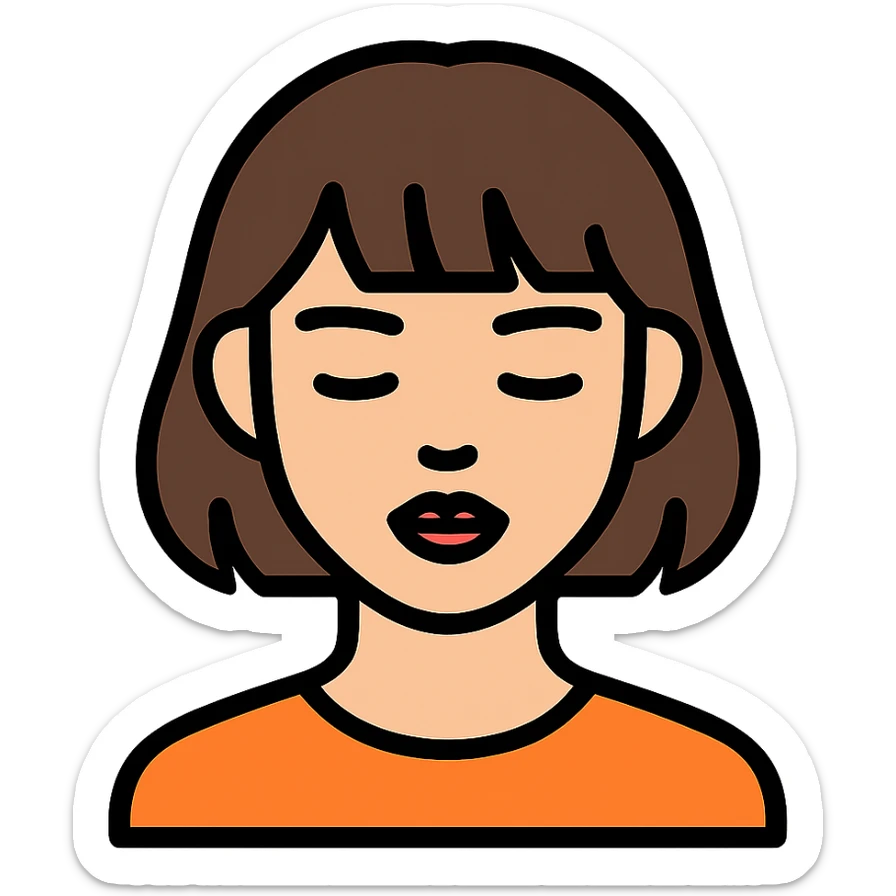 A young Asian woman with short, dark brown hair with bangs, neutral facial expression, closed eyes, vibrant red lips, light beige skin tone, close-up portrait, plain white background, cartoon-like and stylized, bright and saturated colors, even and flat lighting, neutral atmosphere, color outline style. sticker