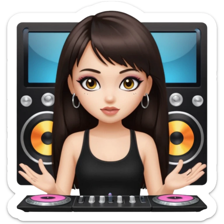 generate a pretty bratz girl in black cami top, dark brown straight long hair with bangs, eyeliner on, djing, fair sticker
