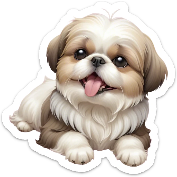 Cinematic Cute Yawning Shih Tzu Portrait Emoji, Head gently tilted with an irresistibly cute yawn and sleepy, half-closed eyes, showcasing a luxurious, fluffy fur in gentle pastel tones, simplified yet endearingly detailed, glowing with a soft, drowsy radiance, high shine, exuding tender, sleepy charm, styled with a delicate, soft glowing outline, capturing the essence of a Shih Tzu caught in a moment of adorable, sleepy bliss! sticker