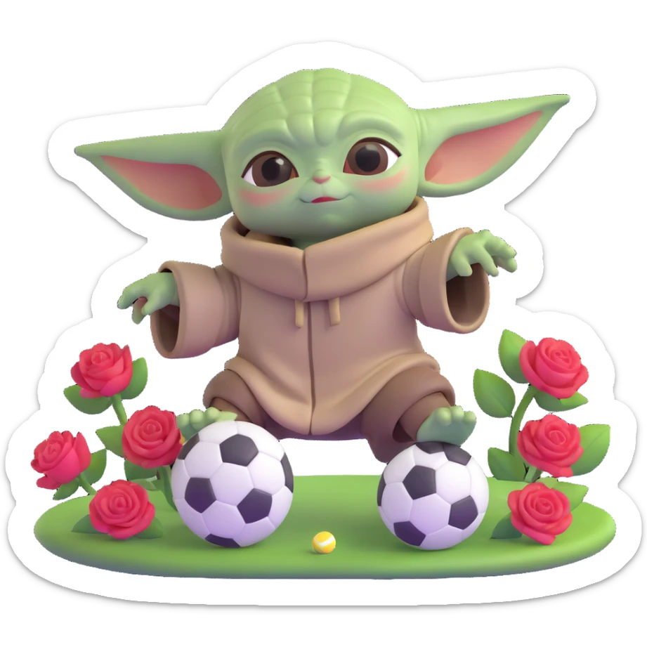 baby Yoda kicking a soccer ball with small roses beside him sticker