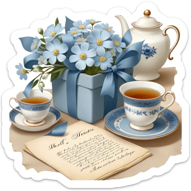 A timeless arrangement of a dusty blue silk ribbon loosely wrapped around a bundle of aged letters, with pressed white flowers and a porcelain tea set in the background.
 sticker